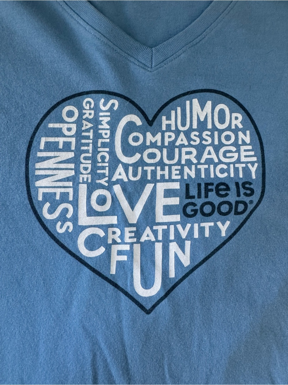 Life Is Good Light Blue V-Neck Tee with White Heart Word-Art, Medium